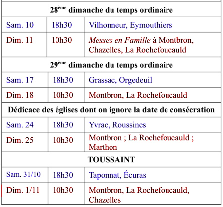 Horaires des messes dominicales.