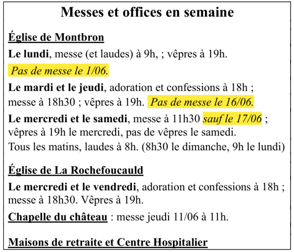 Horaires des messes de semaine en juin .