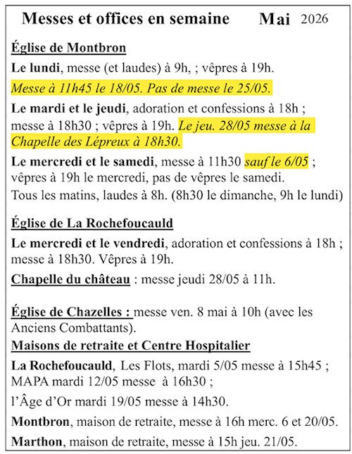 Horaires des messes de semaine en mai .
